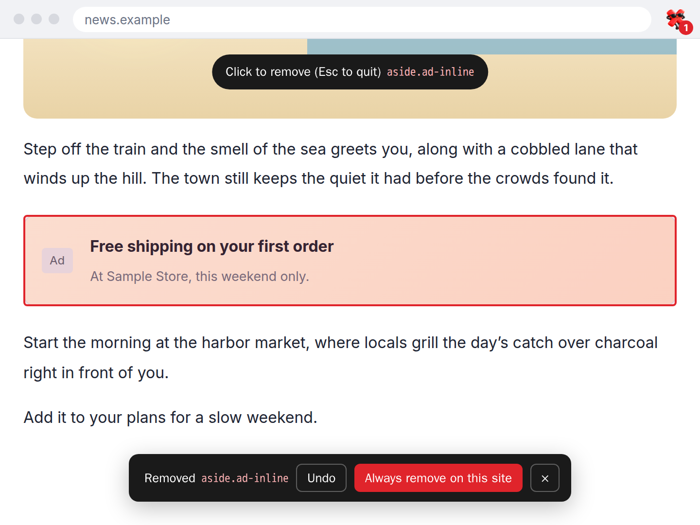 An ad picked on the page and removed, with “Undo” and “Always remove on this site” options