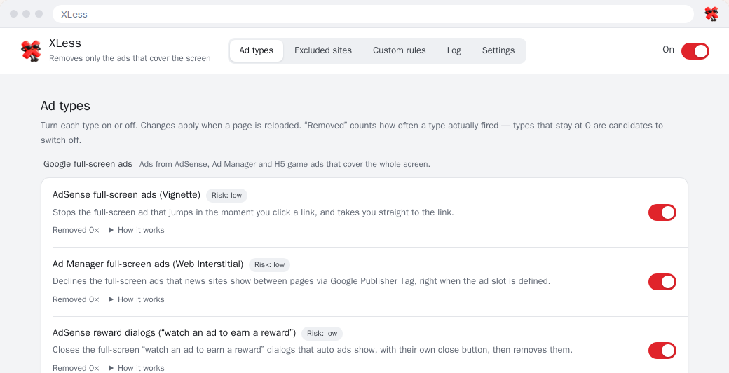 XLess settings listing each ad type with its false-positive risk, detection count and on/off switch
