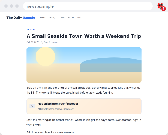 With XLess: only the full-screen ad is gone, and the article and its regular in-page ad stay visible
