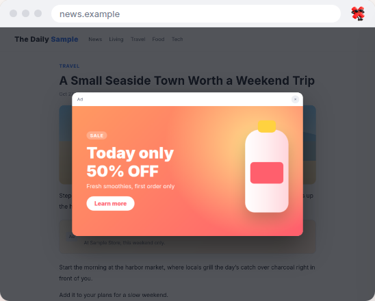 Without XLess: a full-screen ad covers the article and darkens the whole page