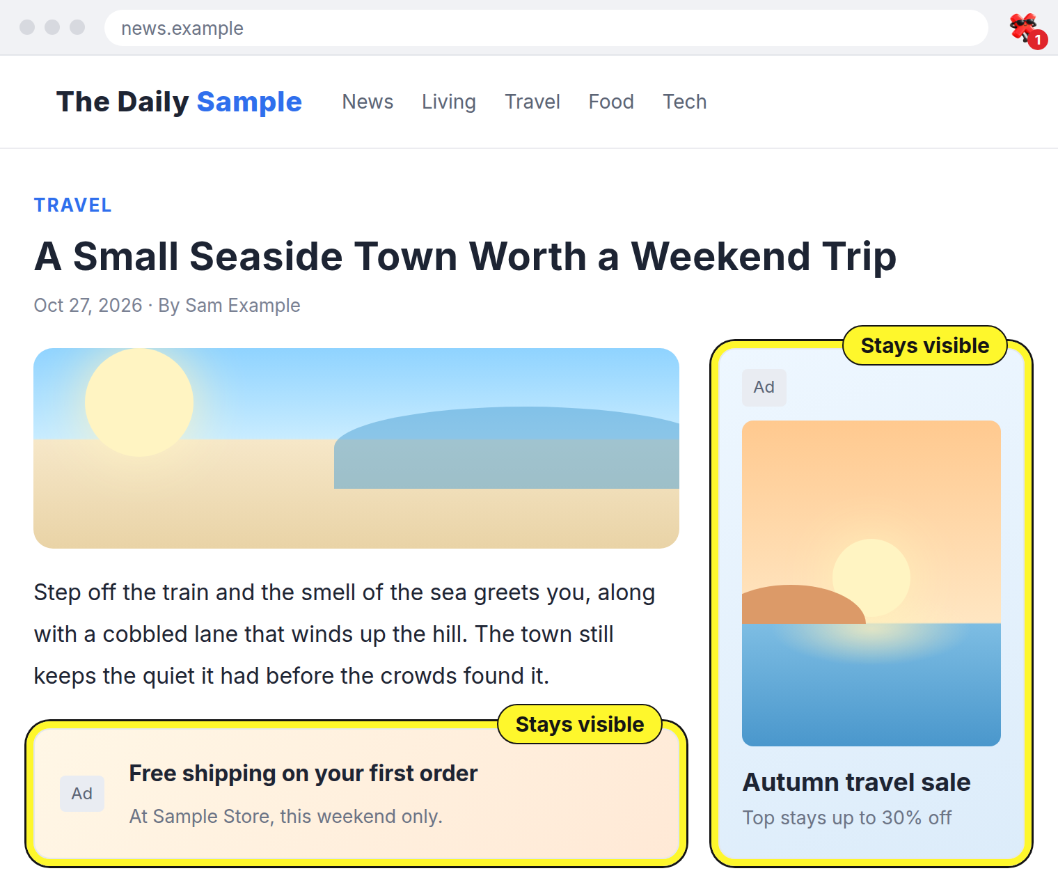 An article after the full-screen ad is hidden, with its in-article and sidebar ads marked “Stays visible”